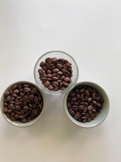 picture of three coffee roasts to achieve with Hog Heaven Coffee  - medium, medium-dark and dark