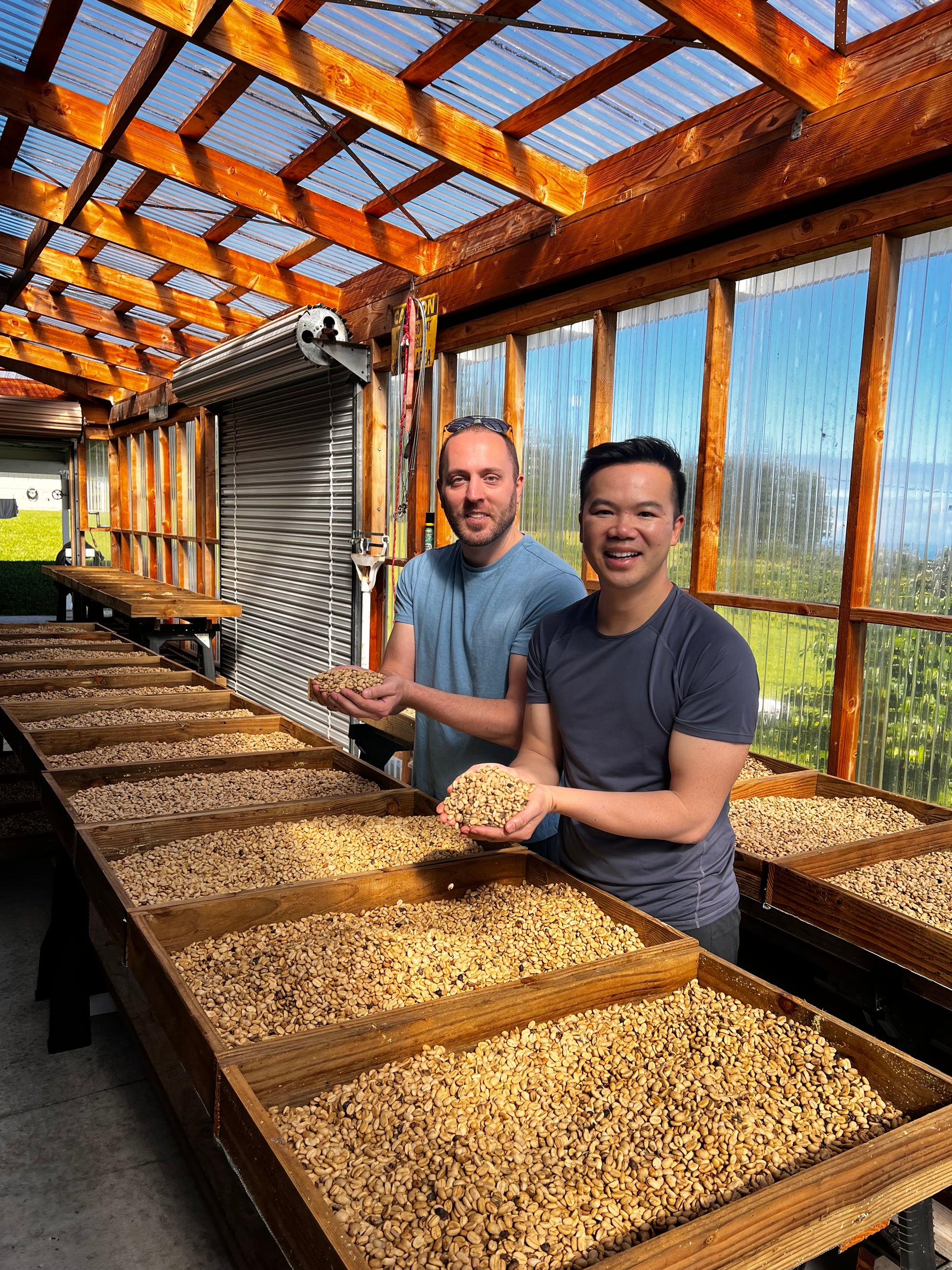 image of two farm tourist posing with handful of coffee parchment at Hog Heaven Coffee farm tour