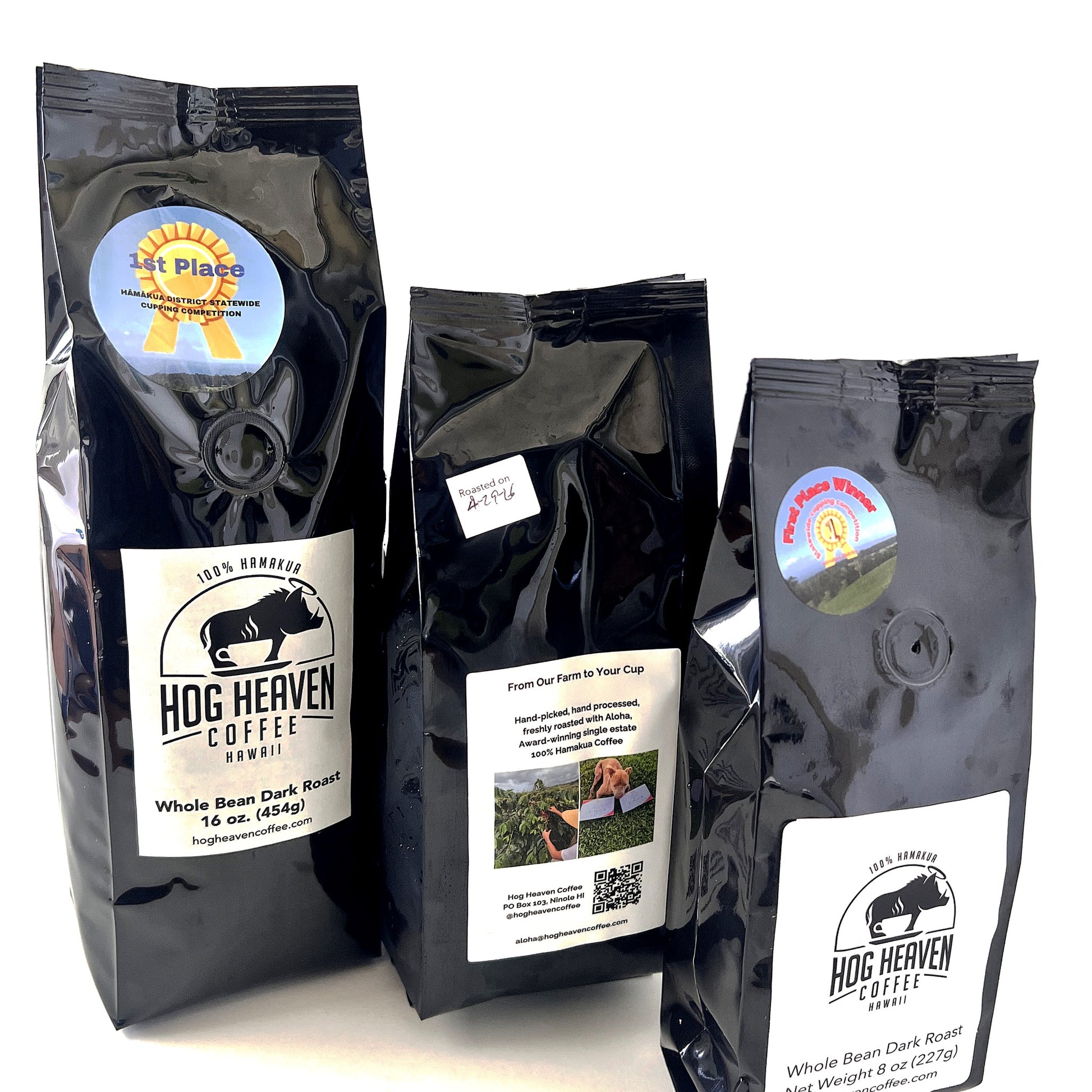 Three dark roast coffee bags with 'Hog Heaven Coffee' branding on a white background