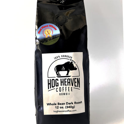Coffee bag with 'Hog Heaven Coffee Hawaii' 12 oz dark roast label on a white background