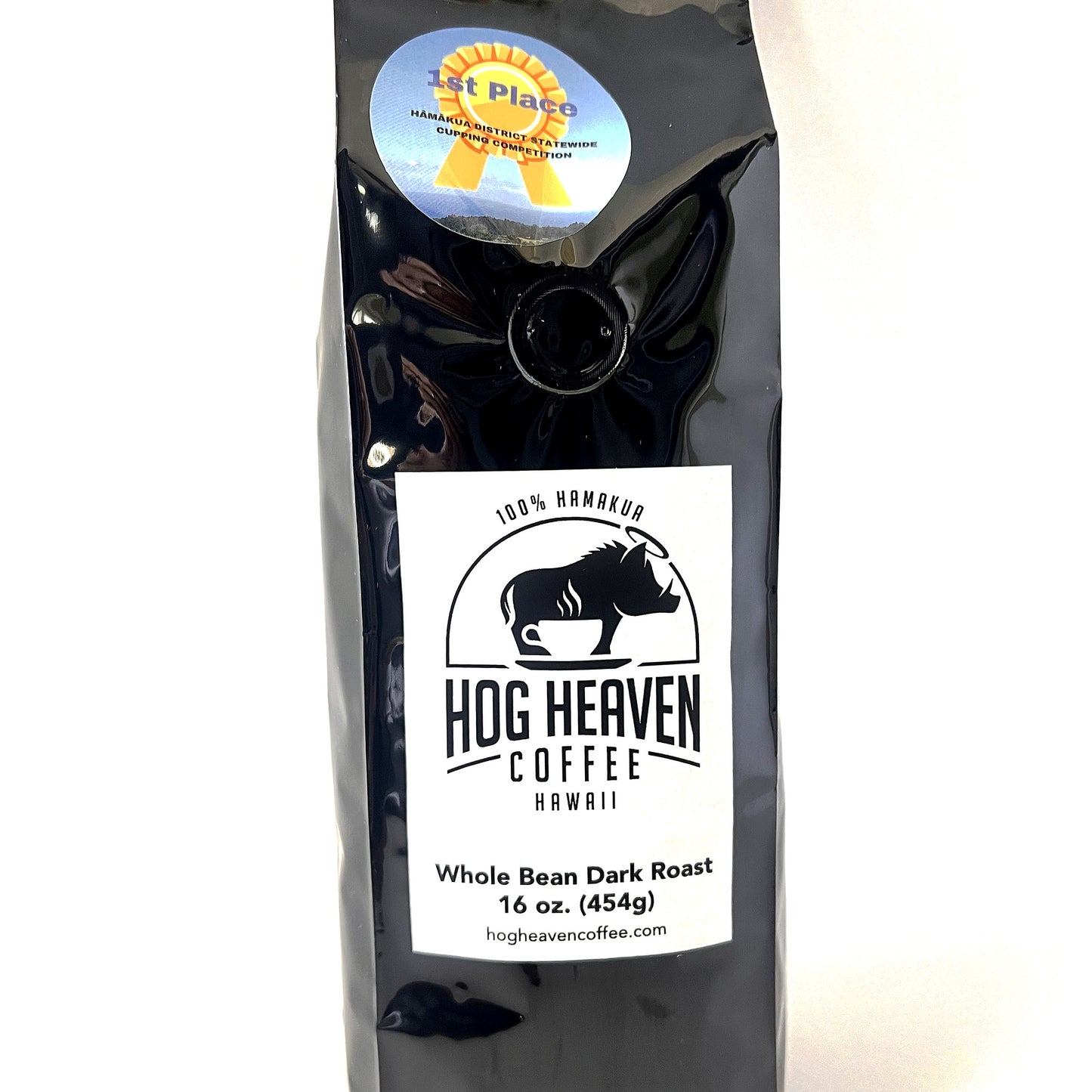 Hog Heaven Coffee Hawaii coffee 16oz Dark roast bag with a label on a white background