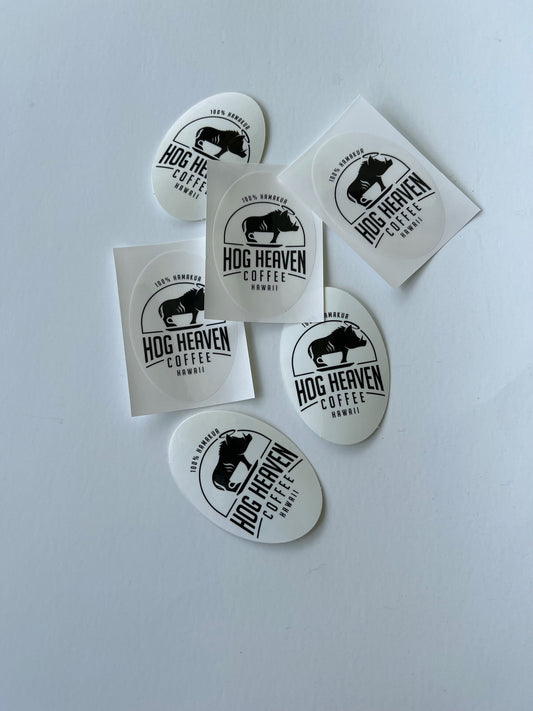 image of two types of Hog Heaven Coffee stickers one clear-backed one white-backer