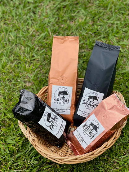 Hog Heaven coffee Hāmākua coffee bags in basket
